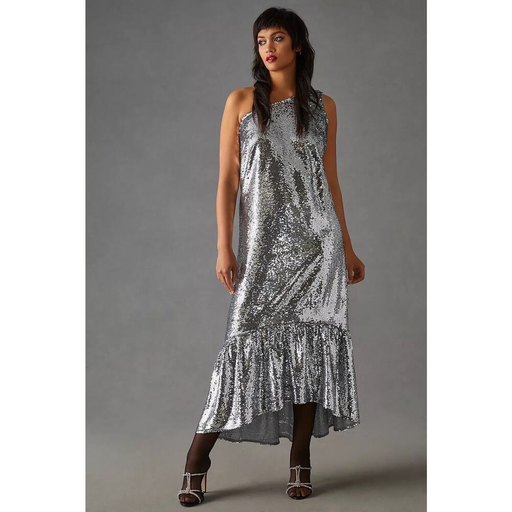 Anthropologie Maeve One-Shoulder Sequin Dress Maxi Ruffle Hem Silver Size 2X